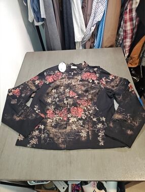 Woman's Floral Print Black Jean Lightweight Jacket,Zipper Closer,Western Style